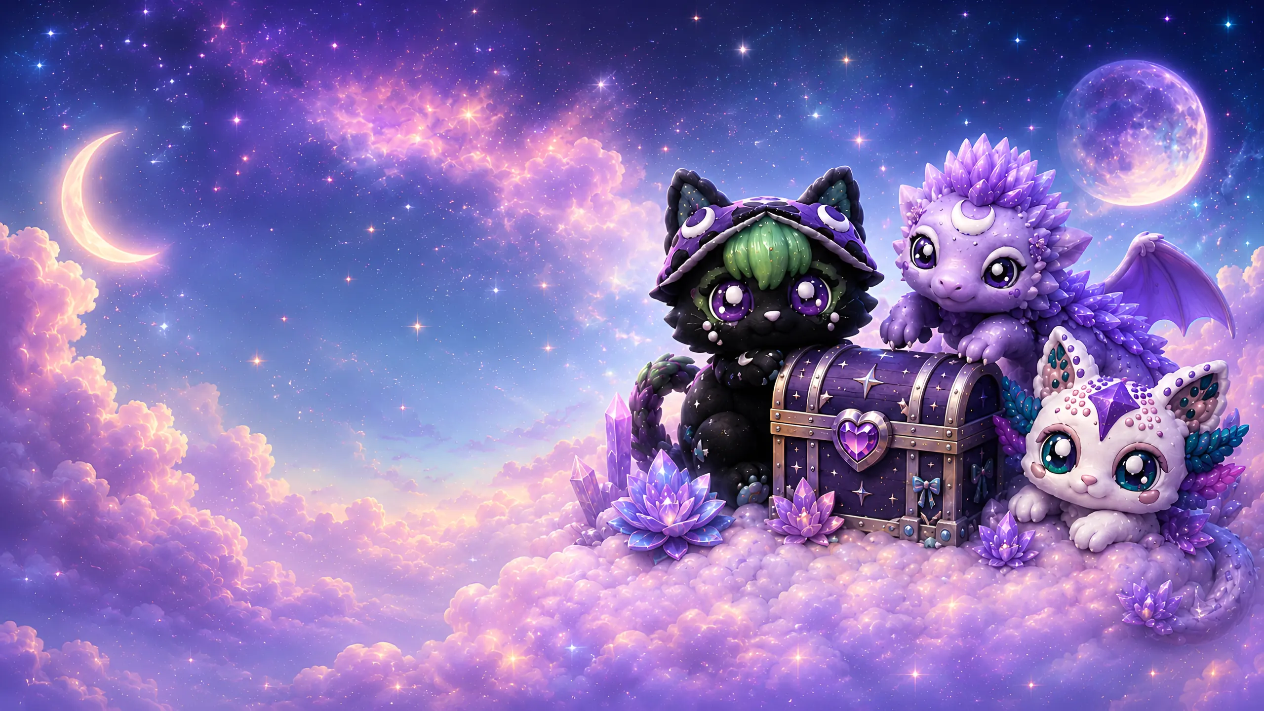 Spora the Mushroom Kitty, Etherea the Lotus Moon Dragon and Kittenlotol gathered around a treasure chest on lavender clouds under a crescent moon
